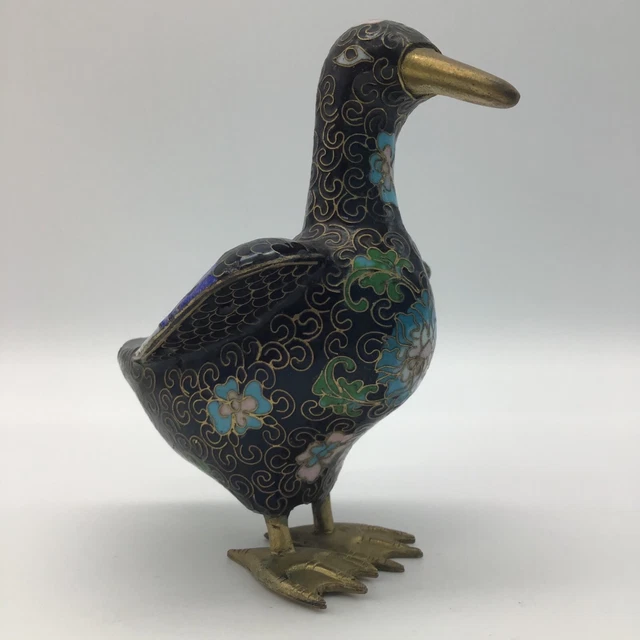 Cloisonne Duck Enamel & Brass Floral Design On Black Main Color