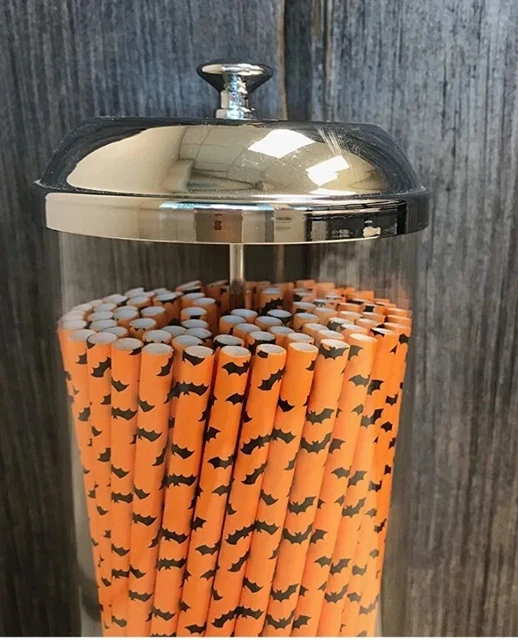 Halloween Papierstrohhalme orange schwarz Fledermaus Thema 100er-Pack Party Kinder Erwachsene Öko Neu
