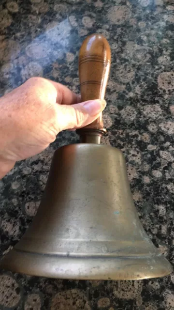 Antique Brass Bell Huge Hand School Wood Handle Iron Clapper 1800s 7" Diameter