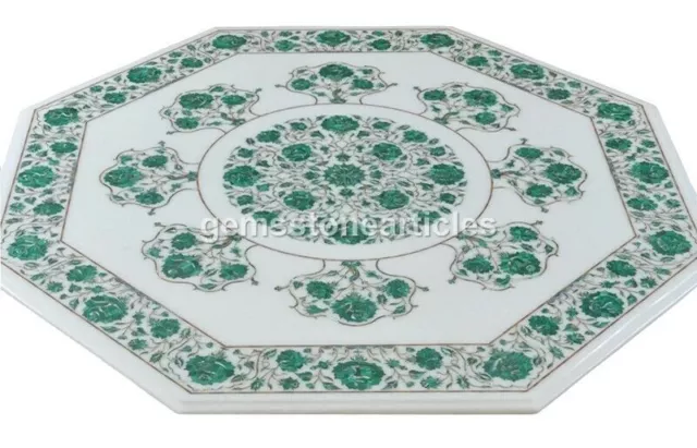 White Top Marble Dining Table  Malachite Inlay Floral Wedding Decor Gift Art