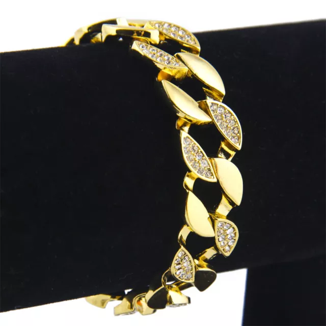 Men's Stainless Steel 8'' Gold Plated Crystal Cuban Curb Chain Bracelet Bangles