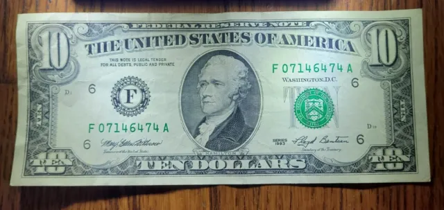 1993 $10 Ten Dollar Bill Federal Reserve Note Vintage Currency US NICE!