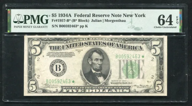 Fr. 1957-B* 1934-A $5 *Star* Frn Federal Reserve Note New York, Ny Pmg Unc-64Epq