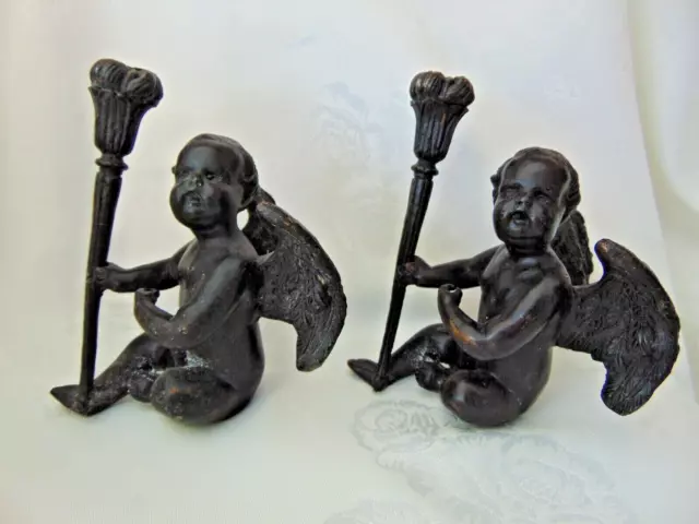 Pair Antique 19th C Bronze Winged Putti Cherub Figures Sculptures with Torch 2