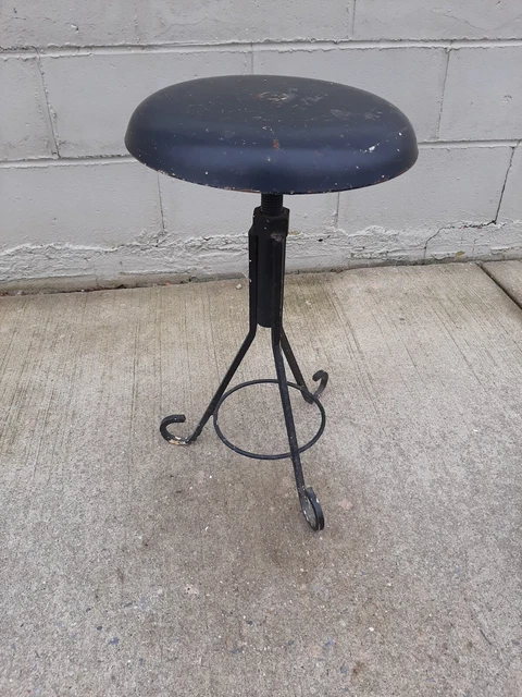Vintage Industrial Wrought Iron Stool With adjustable swivel Seat Early 22"- 17"