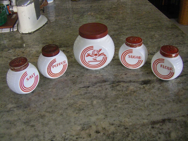 Hoosier RED CIRCLES Range Set - Salt  Pepper  Sugar  Flour  Shakers + Grease Jar
