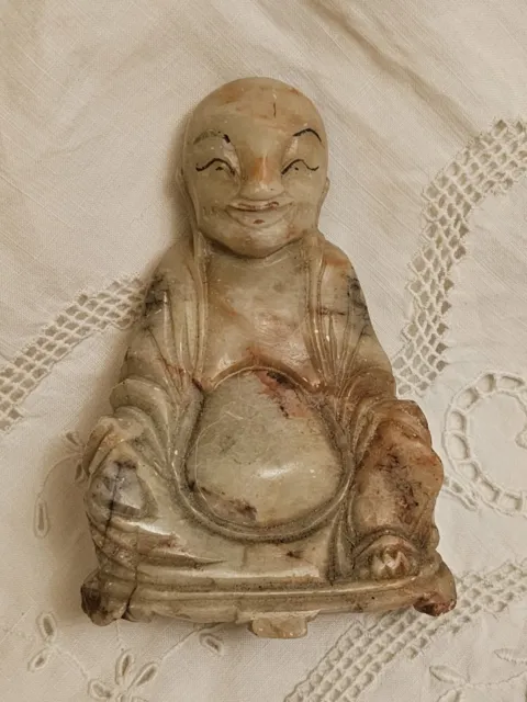 Antique Chinese Carved Soapstone Smiling Buddha Figurine Statue Mid-Century