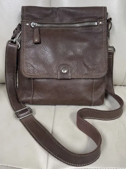 Vintage FOSSIL Genuine Brown Pebbled Leather Crossbody Bag Purse Organizer w/Key