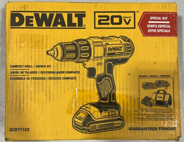 DEWALT 20V MAX 1/2" Drill Driver Kit (2) 1.3Ah Batteries DCD771C2 (OB)