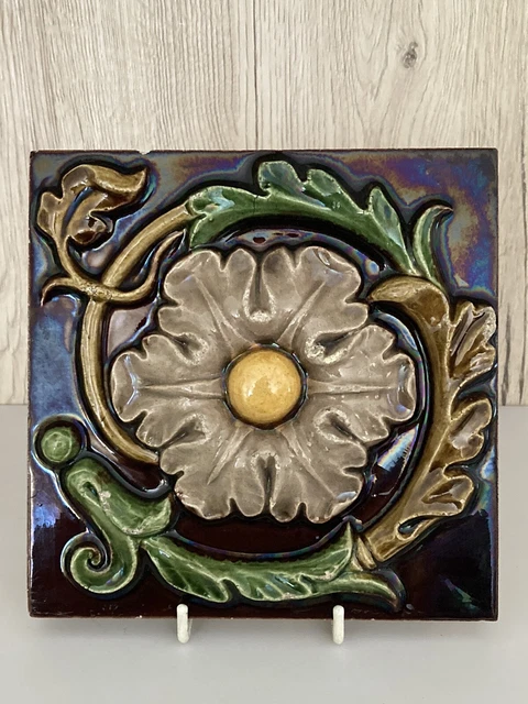 Antique Victorian Tile Relief Moulded 6" Floral Dennis Ruabon Art Nouveau.