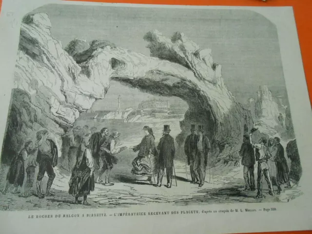 Gravure 1863 - Le Rocher du balcon à Biarritz L'impératrice recevant des placets
