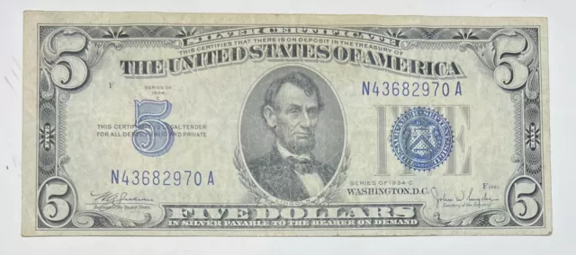 Series of 1934 C United States $5 Silver Certificate Currency Small Note