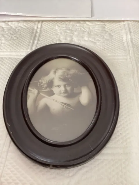 Antique "Cupid Awake" Wall Art Print Metal Oval Framed Lithograph - MB Parkinson