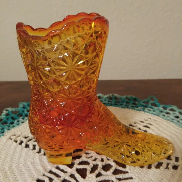 Fenton Carnival Amberina Red Orange Glass Button & Daisy 4 3/8" Shoe Boot Glows