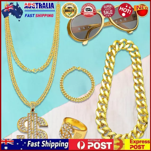 Hip Hop Costume Kit Big Gold Chain Glasses Bracelet for Men Women Retro Party