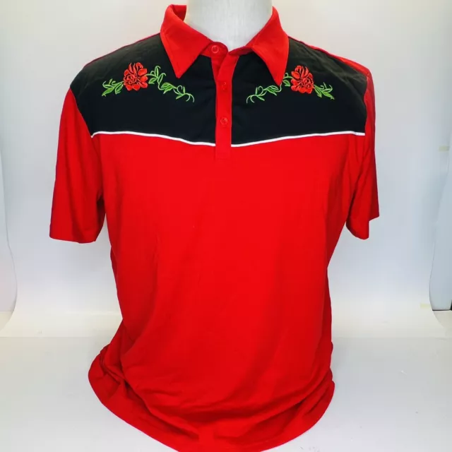 Coofandy Polo Shirt Mens Sz L Red Short Sleeve Western Roses Rockabilly Casual
