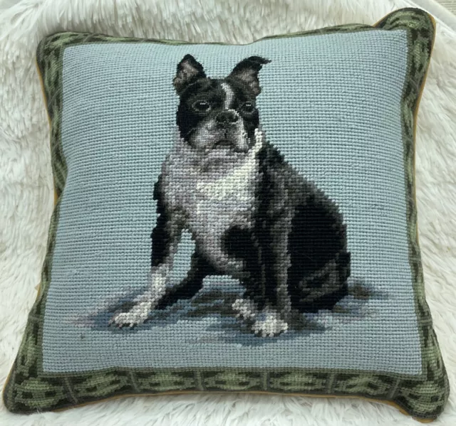 Colorful BOSTON TERRIER dog needlepoint 14” accent pillow