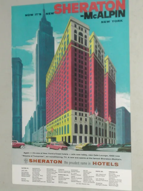 1957 SHERATON McALPIN HOTEL advertisement New York City Sheraton Hotel color art