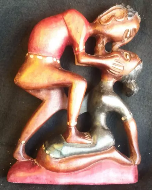 Vintage Hand Carved Wood Carving Statue Tribal Ethnic Art Man Kissing Woman