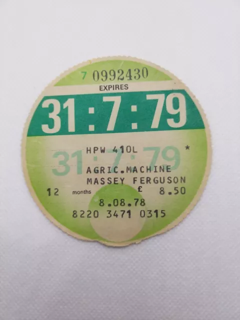 AGRICULTURAL MACHINE MASSEY FERGUSON 1979 Old Road Car Farm Tax Disc Discs Rare