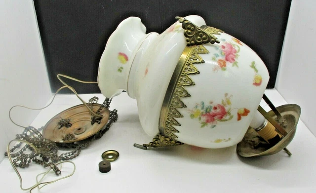 Vintage Hand Painted Hanging Glass & Metal Light Fixture White with Flowers