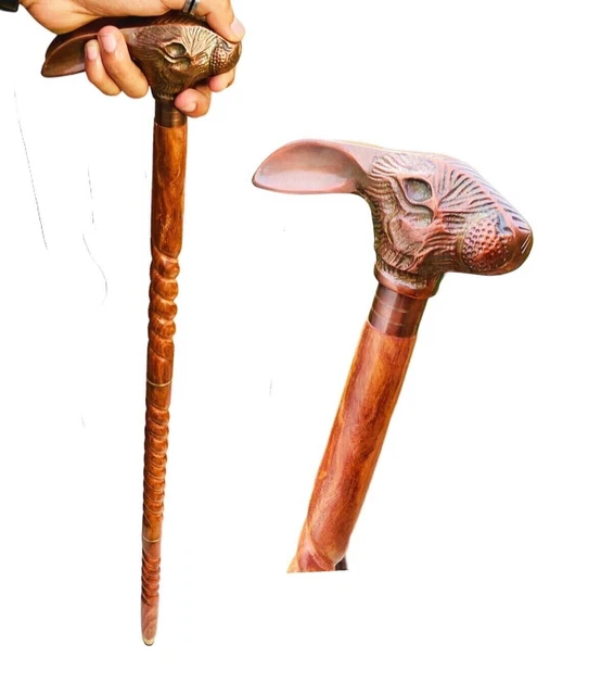 Antique Walking Stick Cane Handmade Carved Wooden Rabbit Handle Canes For Men