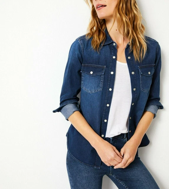 Camicia top M&S Per Una 18 denim blu cotone con bottoni automatici a maniche lunghe