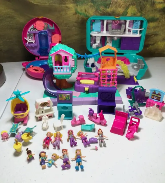Polly Pocket Pink Flamingo Pool Dance Party Compact Micro Dolls Accessories Lot