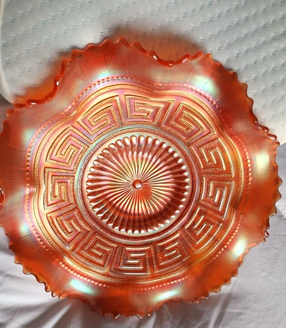 Carnival Glass Northwood Greek Key Ruffled Bowl in Marigold **PRICE REDUCED**