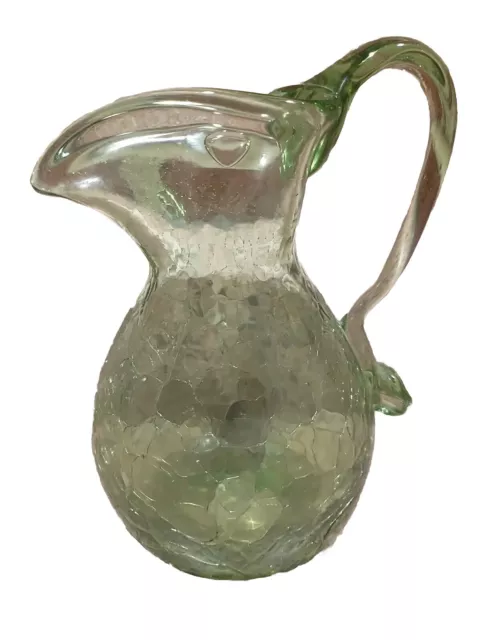 Vtg HandBlown Jamestown VA Green Crackled/Bubble Art Glass Vase Pitcher Ewer MCM