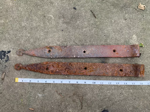 Antique Pair 16” Hand Forged Iron Barn Door Strap Hinges (c) 2