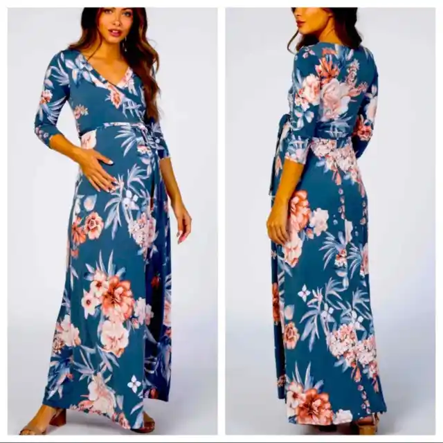 Pinkblush Blue Pink Floral Wrap Maternity Maxi Dress size medium