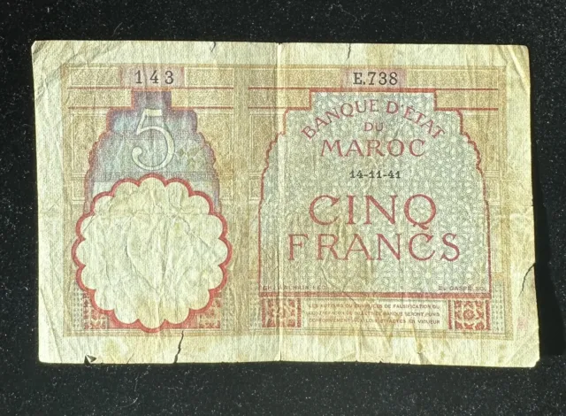 Morocco Maroc 5 Francs 1941, Cinq