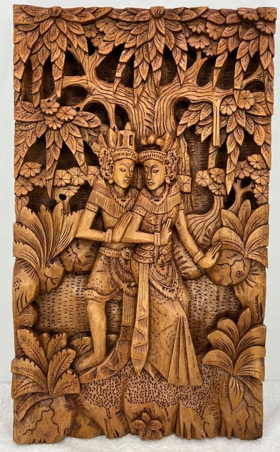 Vintage Balinese Carved Wood Sculpture Wall Panel Rama & Sita