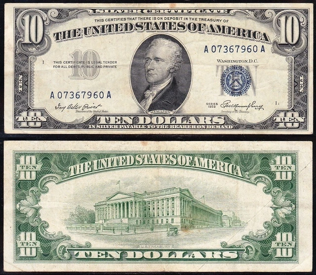 VERY NICE Bold & Crisp VF+ 1953 $10 Silver Certificate! FREE SHIPPING! 67960A
