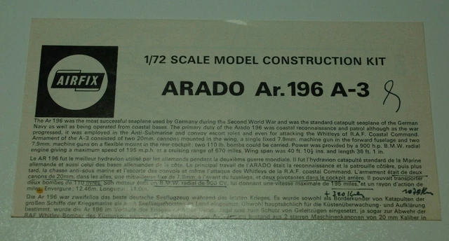 1/72ème PLAN DE MONTAGE POUR ARADO Ar.196 A-3  -  pour kit AIRFIX