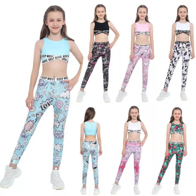Girls Sports Tracksuit Crop Tops + Leggings Active Set Workout Outfit Activewear