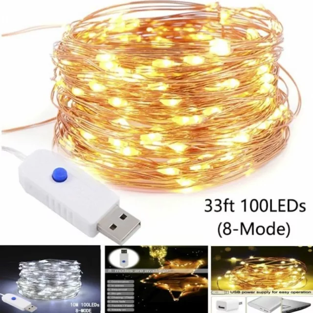USB 10M 100LED String Copper Wire Fairy Lights Wedding Xmas Party Decor 8 Modes