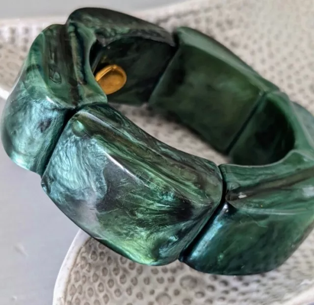 Dominique Denaive Paris  Marbled Green Resin Bracelet Chunky Wide Bold Statement