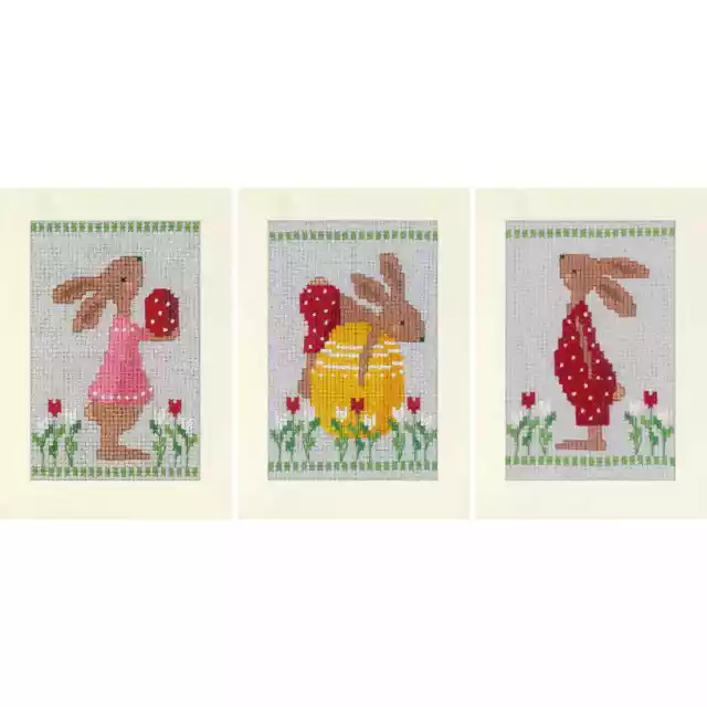 Vervaco counted cross stitch kit greeting cards "Easter rabbits in Tulpip garden