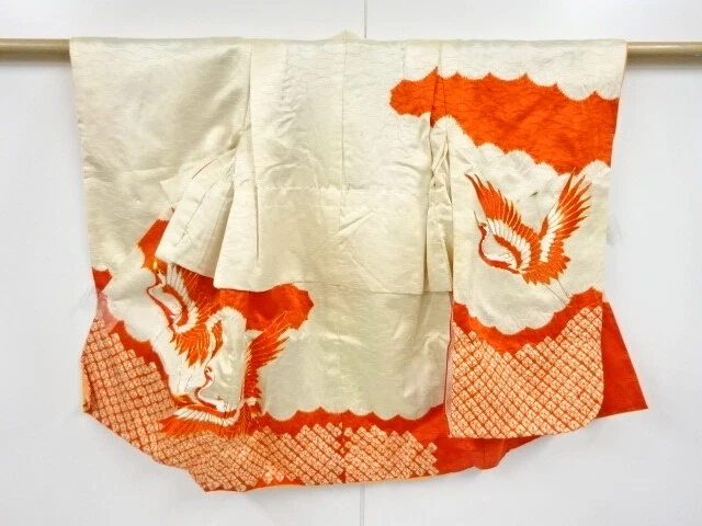 45932# Japanese Kimono / Antique Kimono For Girls / Shibori / Embroidery / Crane