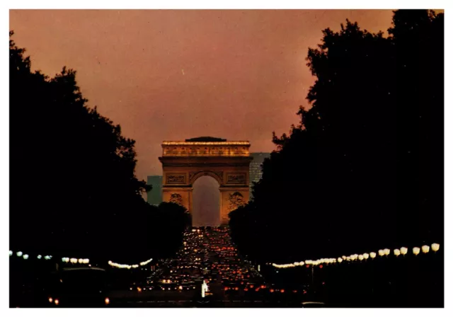 Paris France Night Time Champs Elysees Triumphal Arch Chrome Postcard UNP WOB