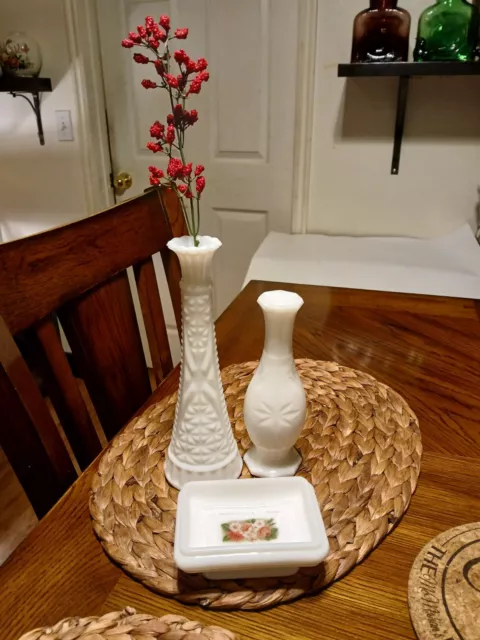 Lot of 3 Vintage Milk Glass - Floral Trinket Dish 9" Vase & 7" Vase