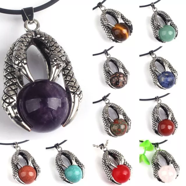 Dragon Claw Punk Rock Round Ball Gemstone Healing Crystal Pendant Necklace Men