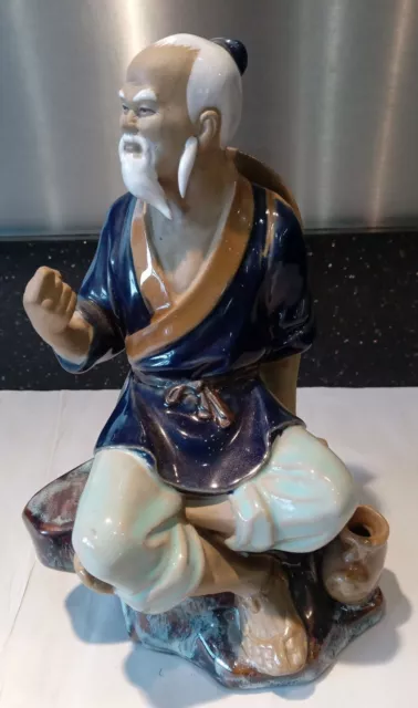 Vintage Chinese Mud man seated figurine clay and glazed 8" high