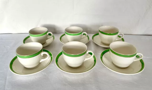 Vintage Solian Ware x6 Tea Coffee Cups & Saucers White Queen’s Green & Stripe