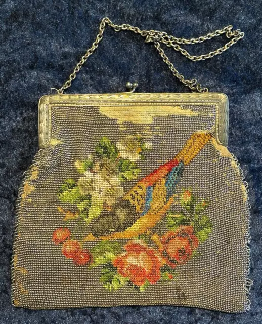 Antike Jugendstil Handtasche Perlen-Stickerei Vogel & Blumen/ Punze RK Pforzheim