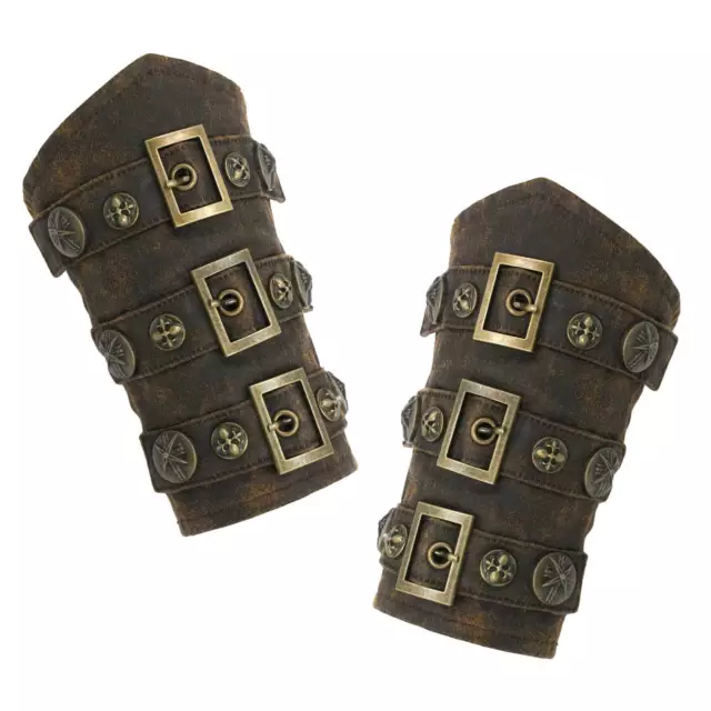 Steampunk Brown Faux Leather Wristband Gauntlet Armor Cuff Set Costume Accessory