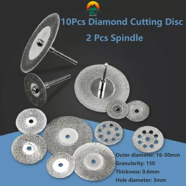 10x Diamond Cutting Wheel Discs 16-50mm + 2 Arbor Shaft Blades for Rotary Tool