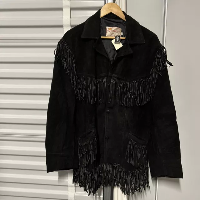 Vintage Excelled Suede Leather FRINGED Western Coat Jacket black Cowhide Tassel